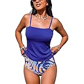 CUPSHE Women's Tankini Set Two Piece Swimsuit Ruched Drawstring Bathing Suits with High Waisted Bottom Rib