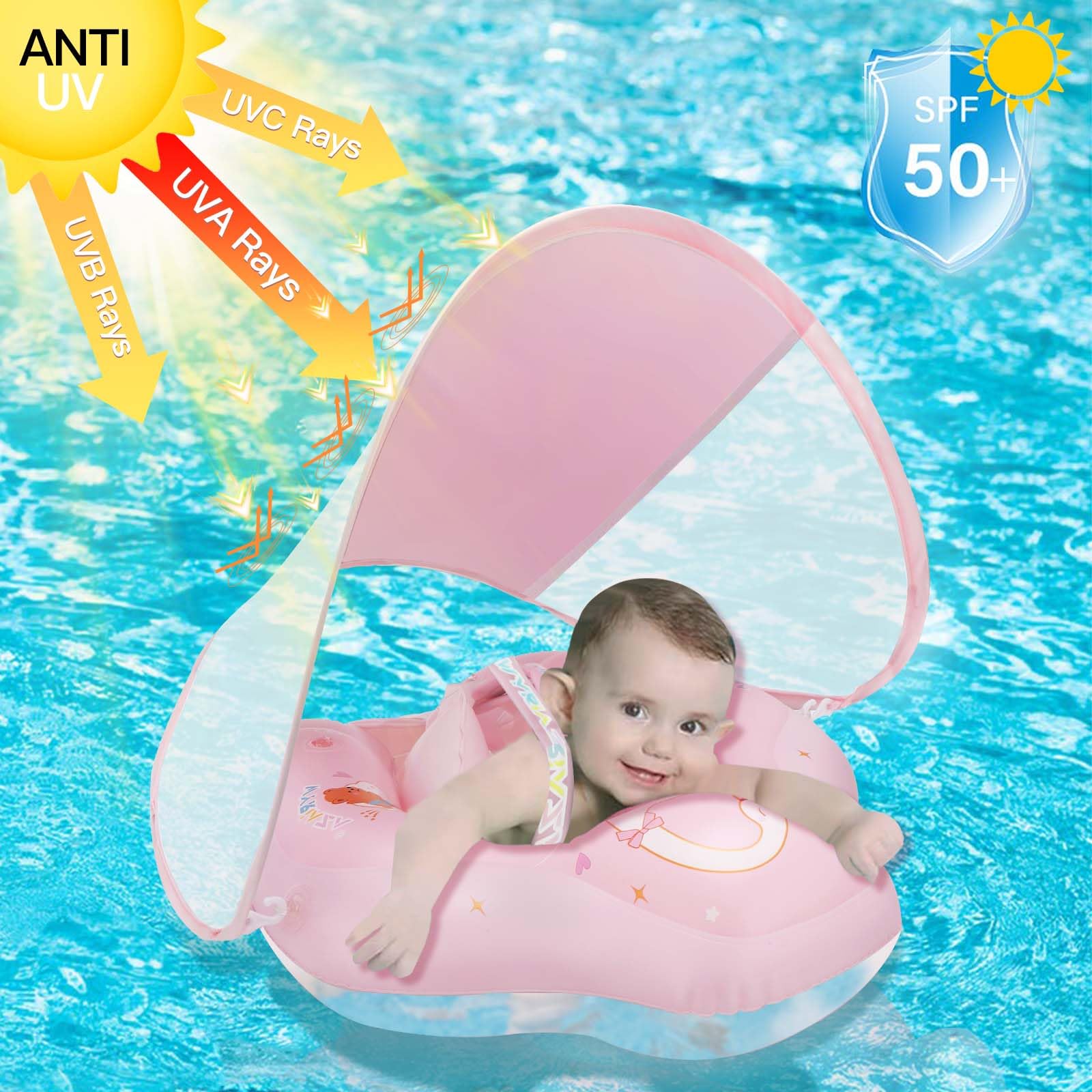 WYRIAZA Baby Schwimmring mit Abnehmbarem Sonnenschutz, Schwimmhilfe Baby ab 3 Monate bis 36 Monate (1 bis 3 Jahre), Schwimmring Baby mit UV-Schutz UPF 50+, Schwimmreifen Baby (Rosa, L(6–36 Monate)) 3