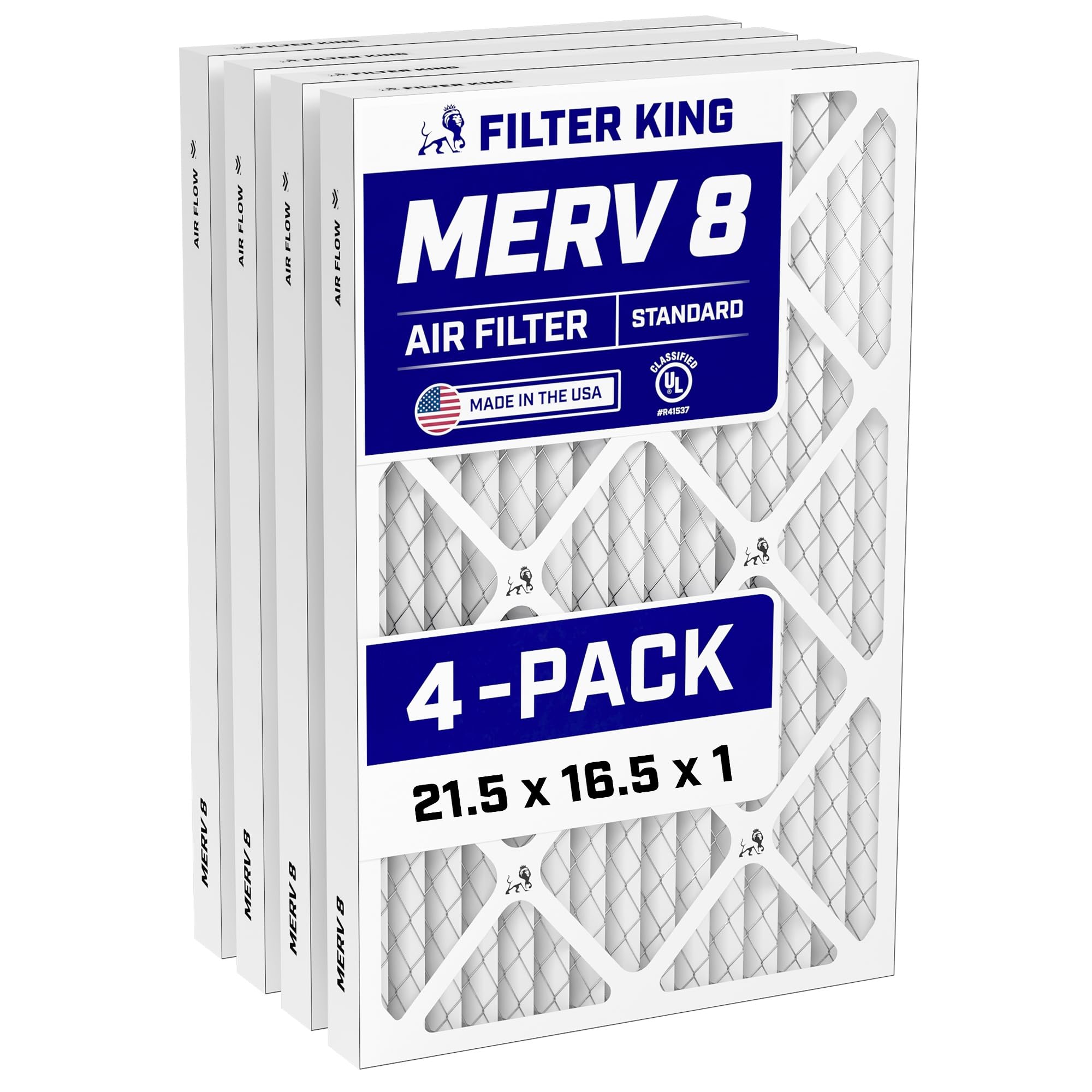 Filter King 21.5x16.5x1 Air Filter (MERV 8) (4-Pack) Dust & Allergy Control AC Furnace Filters, MADE IN USA, HVAC, Pleated, Electrostatic (Actual Size: 21.5 x 16.5 x .75) Image