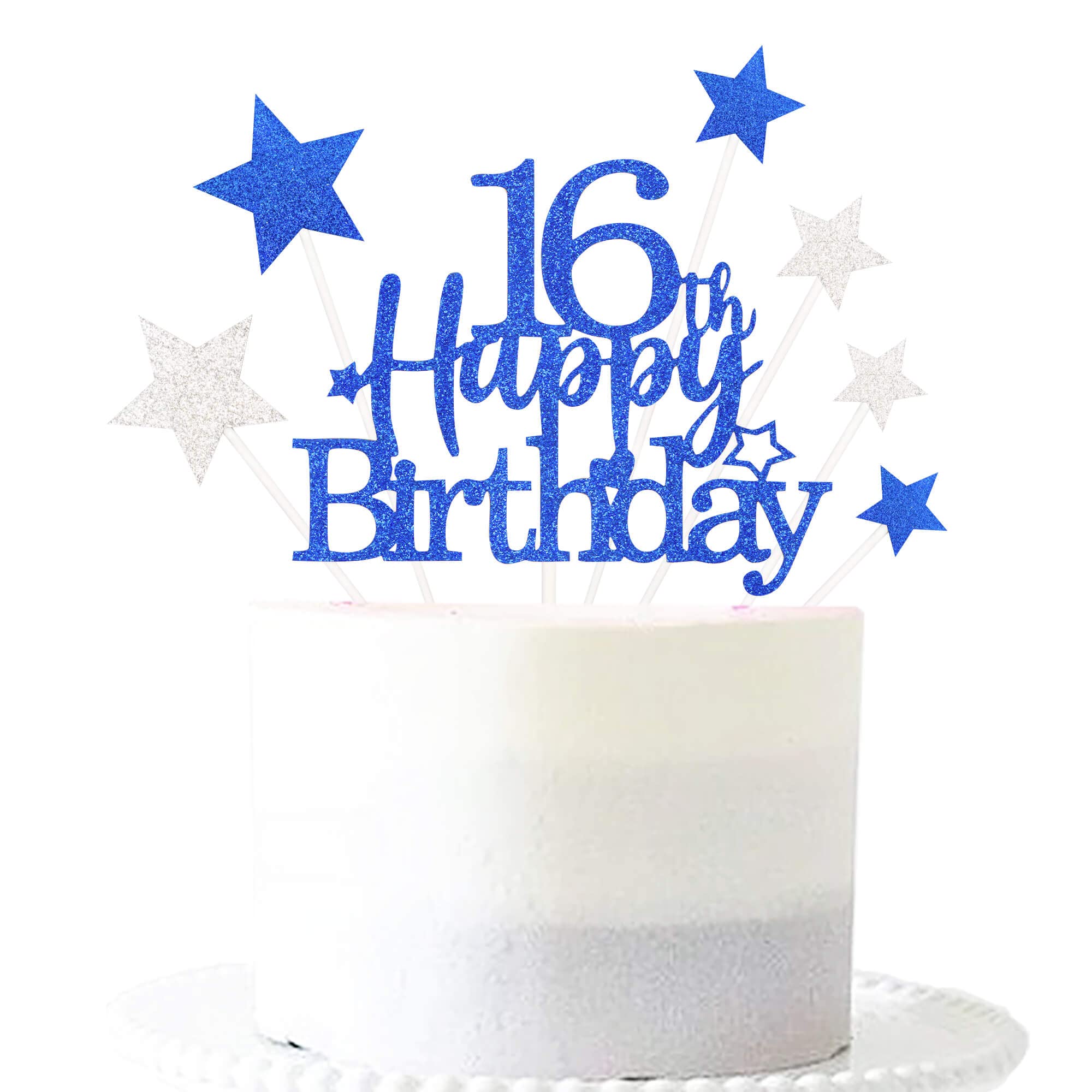 Pargleev 16th Glittery Royal Personalised Birthday Gifts: Happy Birthday 16 Cake Topper with Stars - Sixteen Years Old Party Supplies, Decorations, Keepsakes in Blue