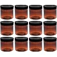 Aromine 2oz Amber Jars with Lid, 12 Pack, Round PET Plastic Jar Container with Blank Labels (BPA Free) ……