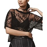 Aimiray Women's Sexy Lace Tops Short Sleeve Round Neck Mesh 3D Printed Floral Sheer Blouse See Through Layering Shirt Tops