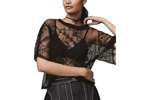 Aimiray Women's Sexy Mesh Tops Short Sleeve Round Neck Lace Printed Floral Sheer Blouse See Through Layering Shirt Tops