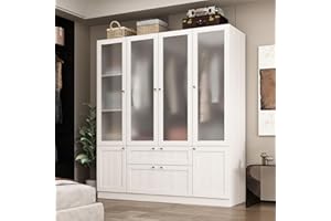 MOUMON Large Wardrobe Closet with 4 Acrylic Doors and 2 Drawers, Armoire Wardrobe Closet with Hanging Rod, Closet for Bedroom Wood Grain (63”W x 19.9”D x 70.9”H)