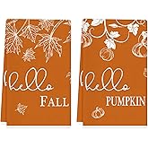 TAJWE Hello Fall Kitchen Towels 18x26 Inch Set of 2 Orange Pumpkins Maple Leaves Autumn Dish Towels Farmhouse Thanksgiving Harvest Decorative Hand Cloth for Kitchen Bathroom Decorations