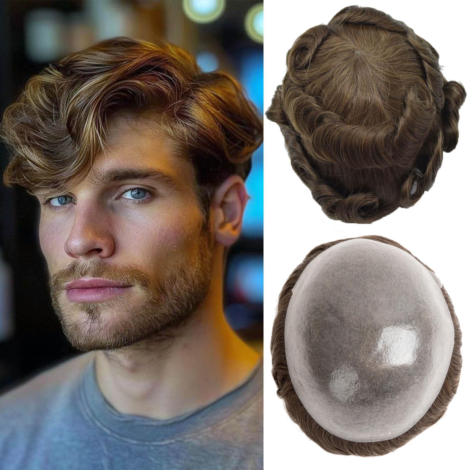 Ehairc Toupee for Men 0.04 Thin Skin Double Knots 100% Human Hair System for men wigs Men's Toupee Durable Men's Toupee Real Hair Base Size 8x10 Inch 120% Density #4
