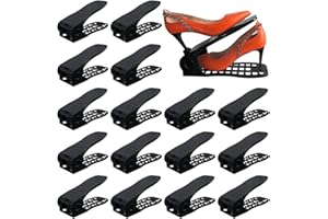 Yashong Shoe Slots Organizer, 16PCS No Assembly Required Thickening Adjustable Double Layer Stack Shoe Rack, 50% Space-Saving Storage Rack Holder, Black