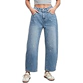 YEXPINE Women's Wide Leg Baggy Jeans Boyfriend Straight Leg Tapered Jeans Embroidered Heart Ankle Denim Pants