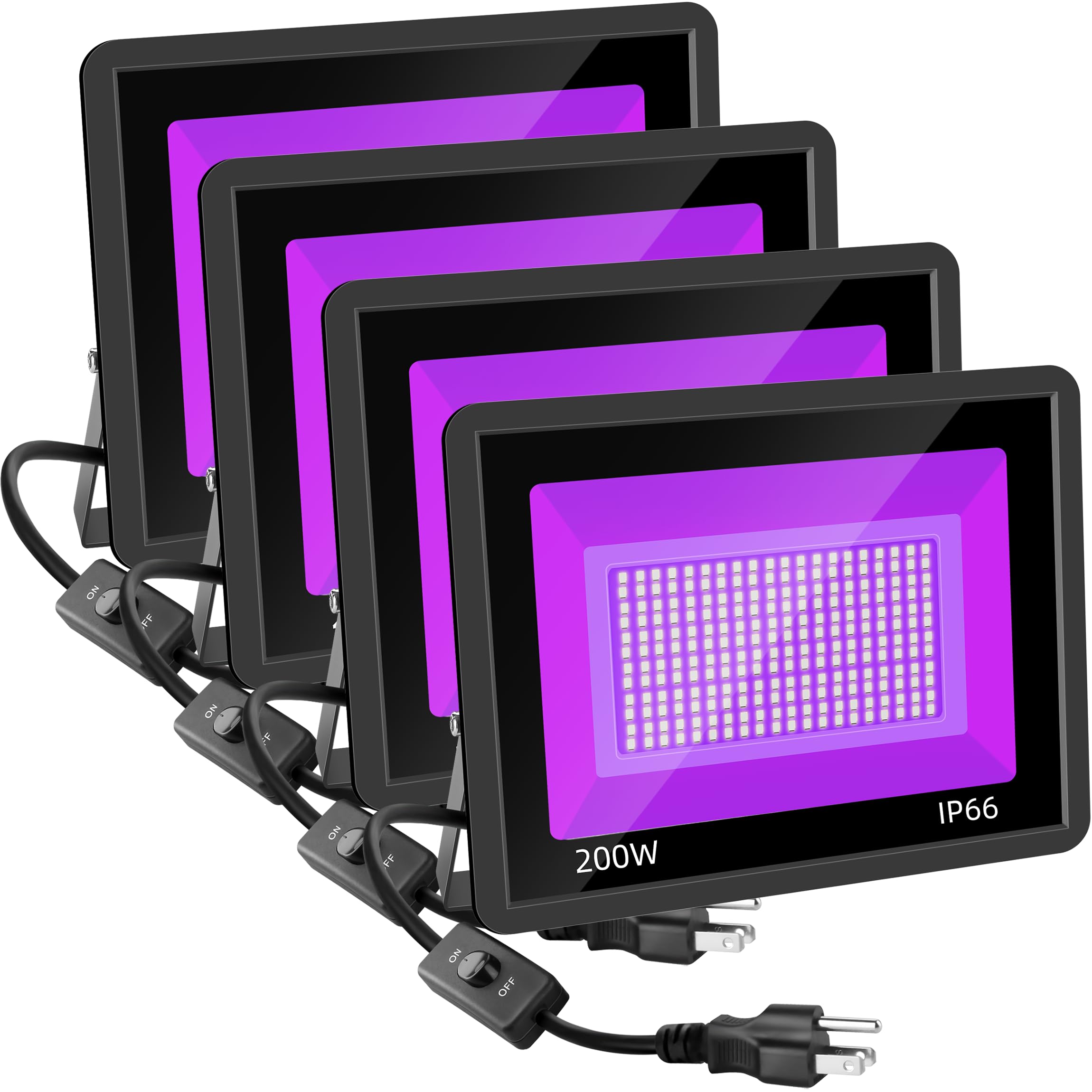 Photo 1 of 4 Pack 200W LED Black Lights, Blacklight Flood Light with Plug and Switch, IP66 Waterproof Purple Blacklight for Halloween Decor, Glow in The Dark, Body Paint, Neon Glow, Aquarium