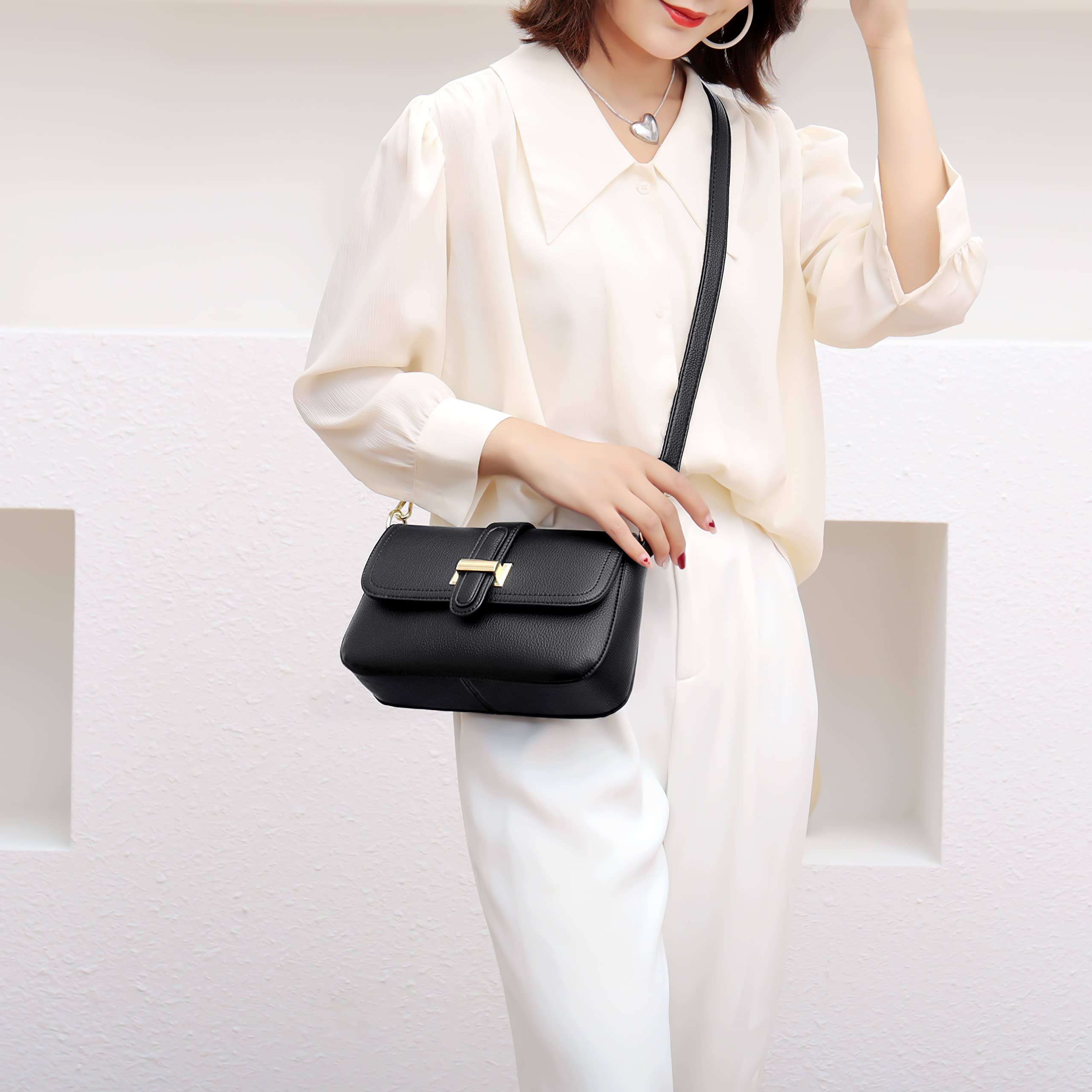 FSD.WG Women's Shoulder Bag, Leather, Outdoor, Fashion, 4 Colors, Black, L