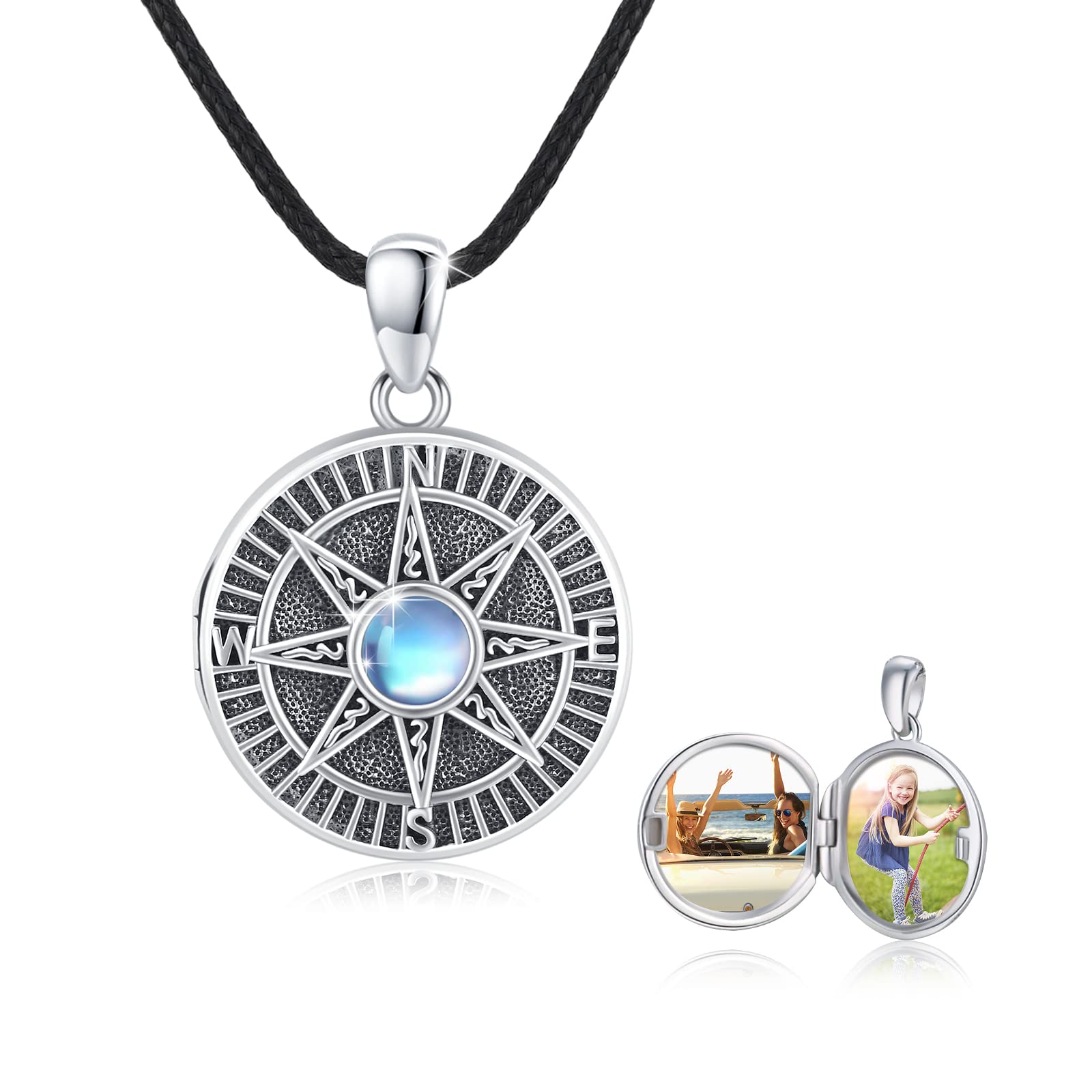 REDSUN Compass Locket Necklace 925 Sterling Silver Moonstone Chain Celtic Knot Photo Locket Amulet Medallion with Photo Compass Jewellery for Men Son Boys Women Gifts, 50.8 cm, Sterling Silver