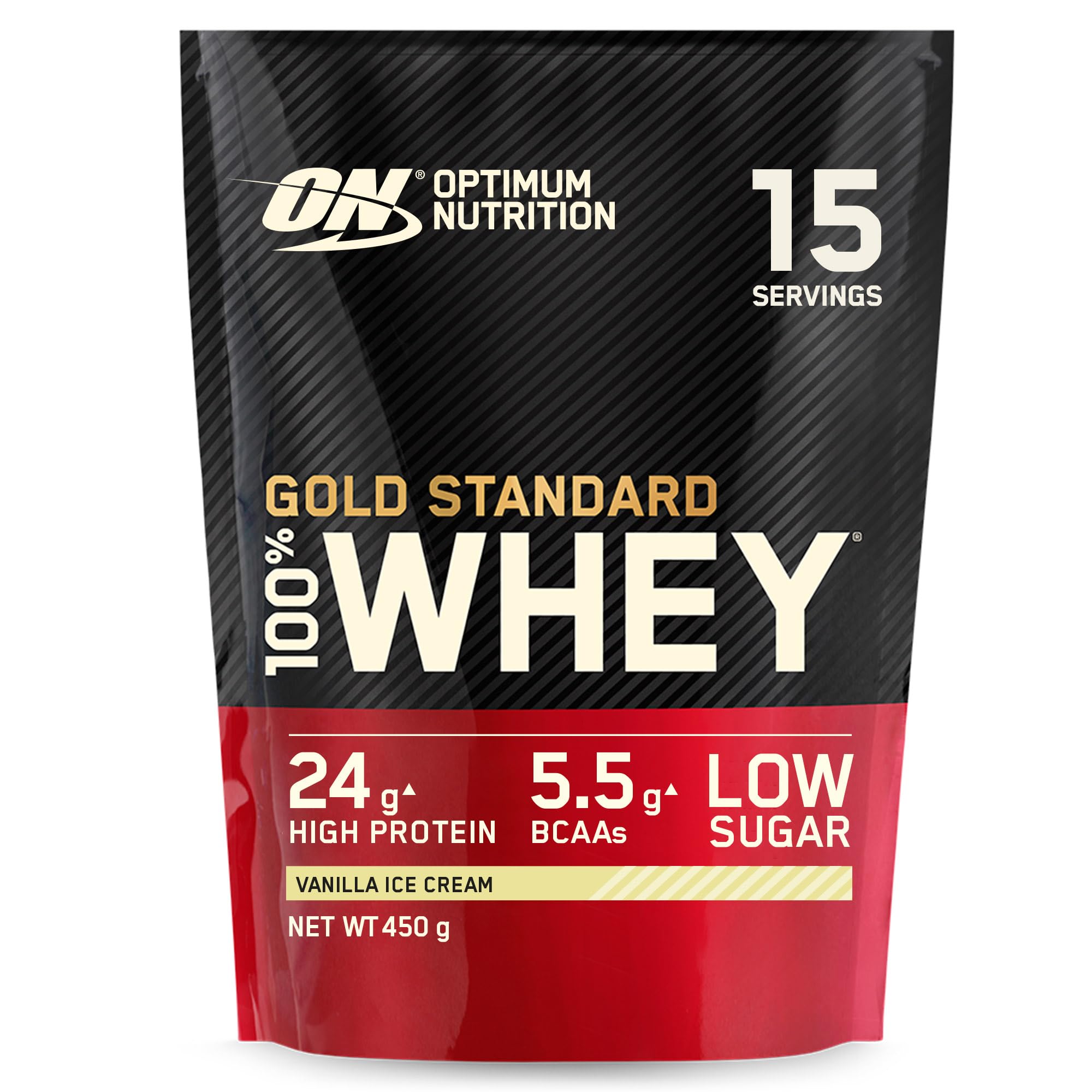 Optimum Nutrition Gold Standard 100% Whey Muscle Building and Recovery Protein Powder With Naturally Occurring Glutamine and BCAA Amino Acids, Vanilla Ice Cream Flavour, 15 Servings, 450 g