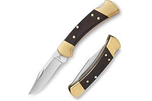 Buck Knives 112 Ranger Hunting Knife, 3" Blade, Lockback Design, Ebony Handle, Brass Bolsters, 420HC Stainless Steel Clip Point Blade, Sheath Included, Folding Knife Made in the USA, 5.6 oz