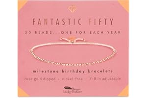 Lucky Feather 50th birthday gifts for her | 50th birthday gifts for women Bracelet | 14K Gold, Rose Gold, or Silver Dipped Beads on Adjustable Cord | Trendy 50 year old gifts for women | With Card