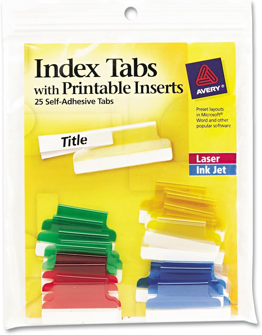 Avery 16219 Insertable Index Tabs with Printable Inserts, 1, Assorted Tab (Pack of 25), Assorted: Blue, Clear, Green, Red, Yellow : Binder Index Dividers : Office Products