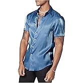 WDIRARA Men's Silk Satin Metallic Button Down Short Sleeve Collared Shirts Rave Disco Club Tops