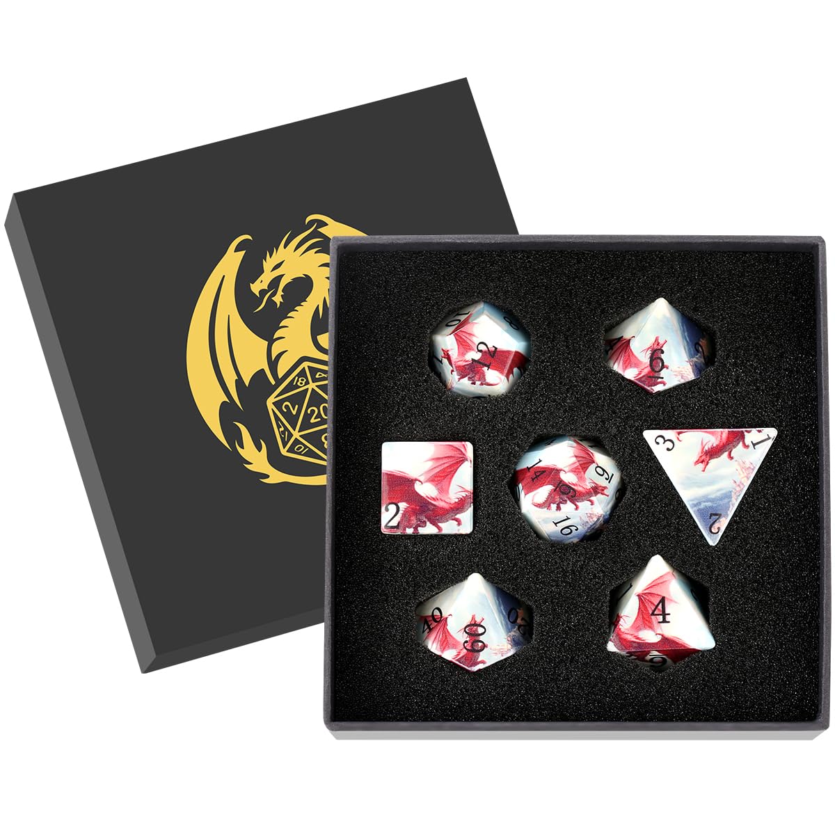 DND Dice Set, Dragon Theme Dice Set, UV Printed, Resin Material, DND Starter Set, 7pcs Polyhedral Dice Set with Dice Box, Role Playing Board Games Accessories