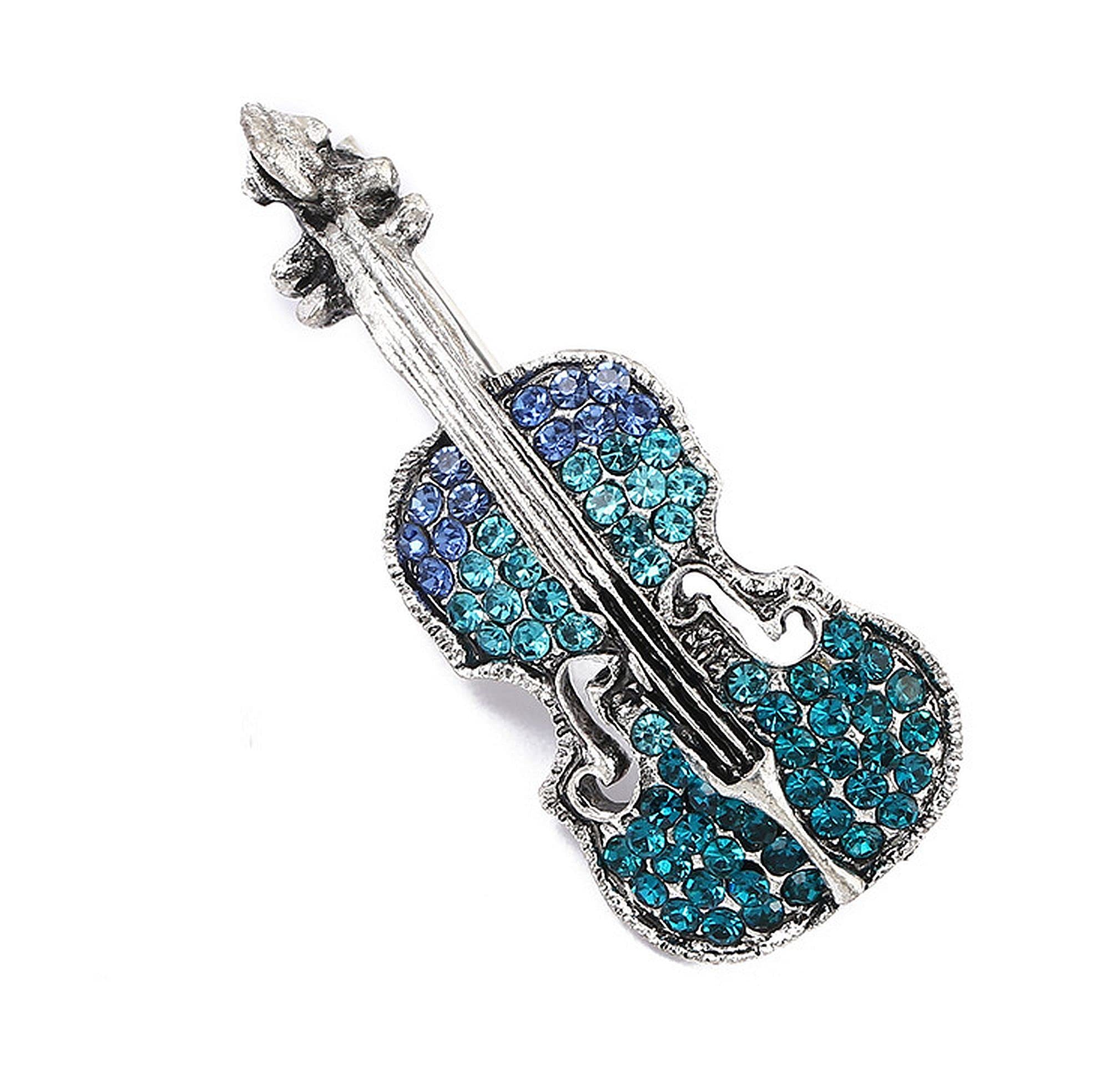 GFM® Violin Music Brooch Pin for Women & Men – Sparkly Rhinestone Crystal Instrument Pin Badge, Elegant Jewellery Accessory – Gift for Music Lovers (Blue)(EXC)(BRCH-VIOLIN-NL)