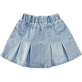oweve Little Girl's Denim Skirts Short Flared Pleated Toddler Jean Skorts with Lining Shorts Underneath