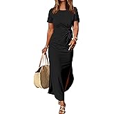 Prinbara Womens Summer Maxi Dress Casual Short Sleeve Tie Waist Split Long Tshirt Dresses 2026 Spring Vacation Cruise Clothes
