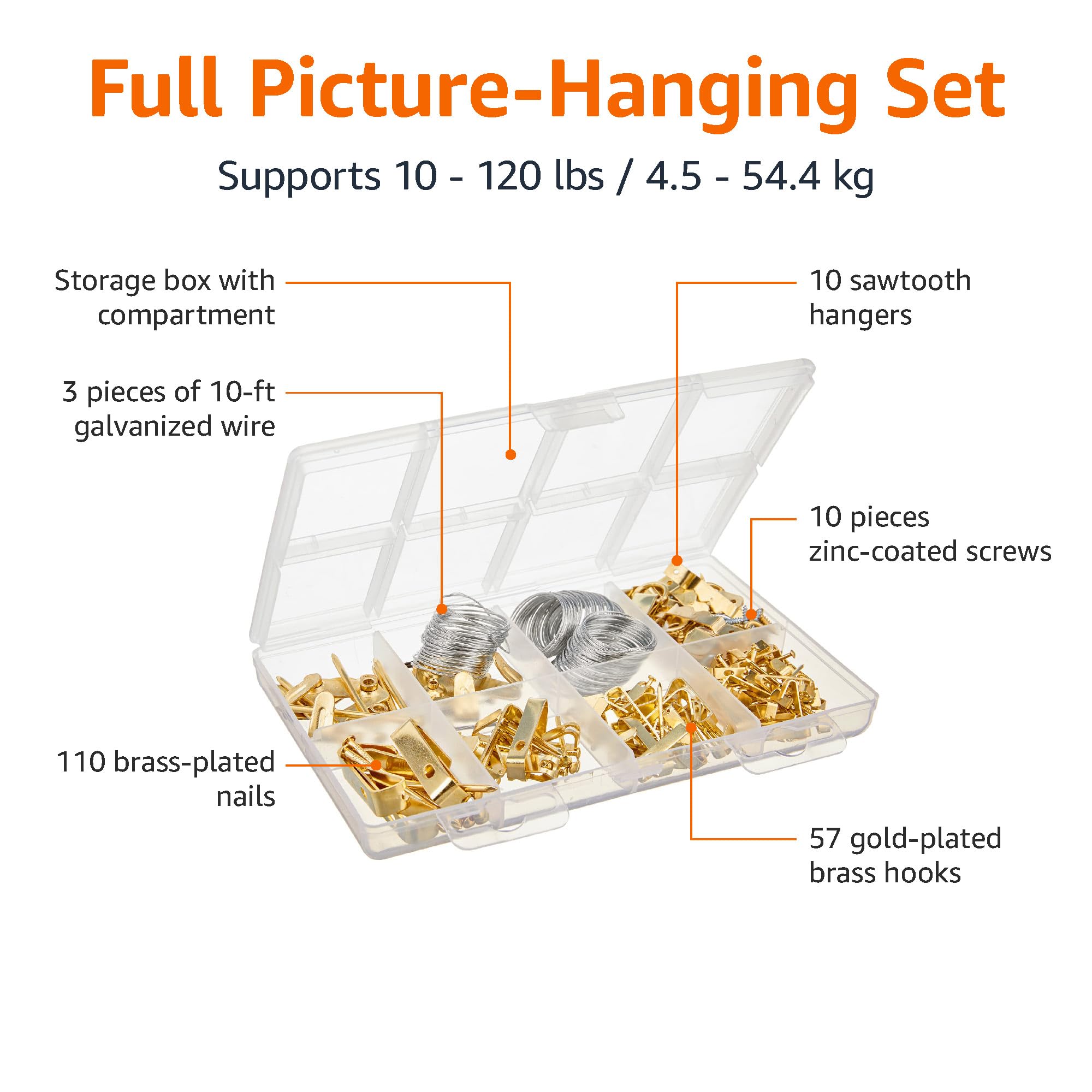 Amazon Basics Picture Hanging Hardware Assortment Kit, 220 Piece Set, Brass