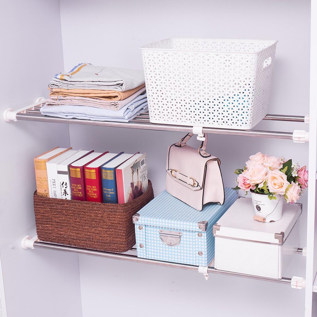 Hershii Expandable Shelf Divider Clothes Garment Tension Rod Wardrobe Cupboards Rail Adjustable Bathroom Kitchen Storage Rack Organiser 2-Bar Telescopic Hanger - Image 4