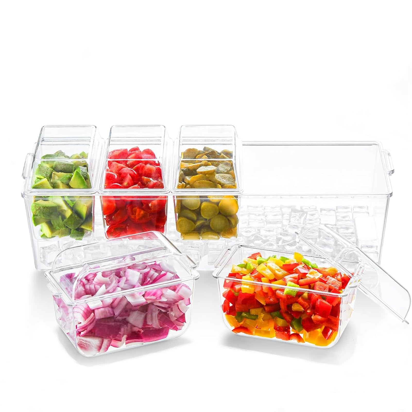 FLETUTE Chilled Condiment Server Tray, Bar Fruit Caddy with Lid and 5 Removable Compartments, Clear Ice Condiment Serving Tray for Party, Toppings Bar Container
