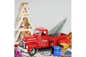 FLEECY DAY Fleecy Farm Christmas Truck Decor - Red Metal Cute Car Gift Boxes - Handcrafted Vintage Flowers Tree - 7 x 3 x 3 inches