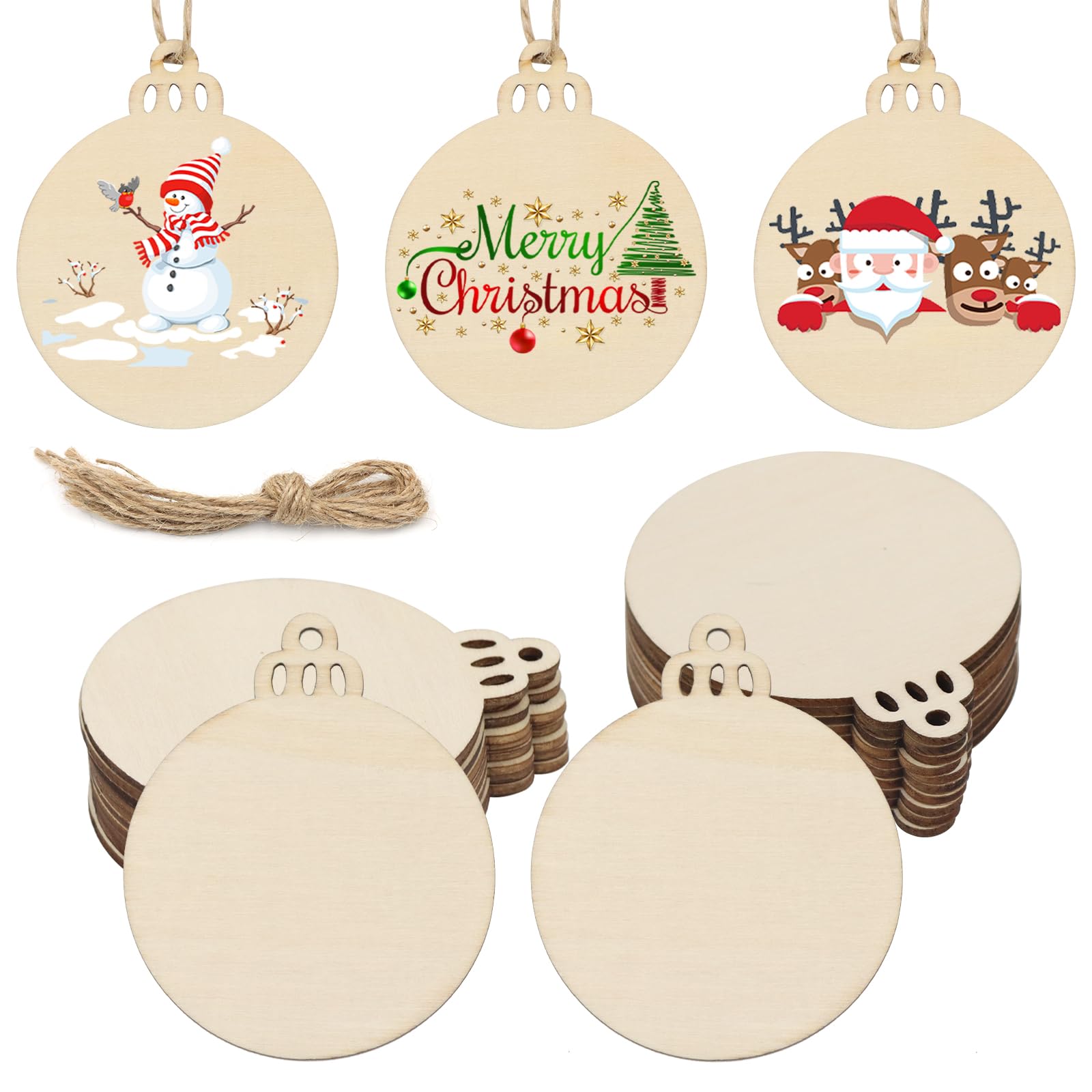 TAIANJI 100 Pcs Christmas Wooden Ornaments Bauble Natural Unfinished Wood Slice Blank Round Shape with String Wood Craft Wooden Shapes Embellishments for Hanging Xmas Tree Decoration DIY Crafts 8.9cm