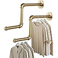 AddGrace Gold Industrial Pipe Clothing Rack 2 Pack Wall Mounted Clothes Rack for Hanging Clothes 18Inch Detachable Garment Bar for Bedroom Bathroom and Laundry Room 46cm