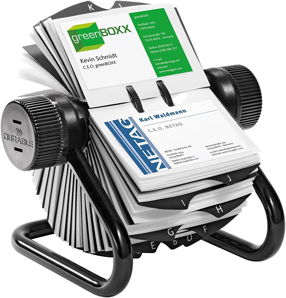 Durable Visifix Rotary Business Card Holder - Holds up to 400 Cards - Includes 25 Tab A-Z Index - Made from Metal - Black