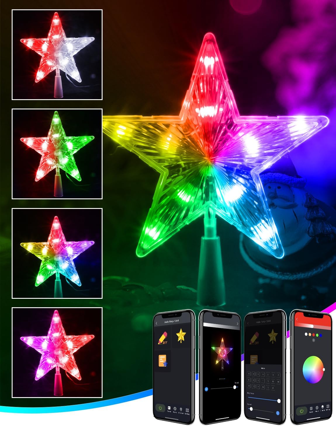 Tree Toppers - Smart Star Tree Topper, 7.6“ 10LEDs Static Dynamic Lighted Christmas Tree Topper, RGB Color Changing Treetop W/App Control, USB Powered Xmas Tree Topper Music Sync Tree Top for Christmas Tree Holiday