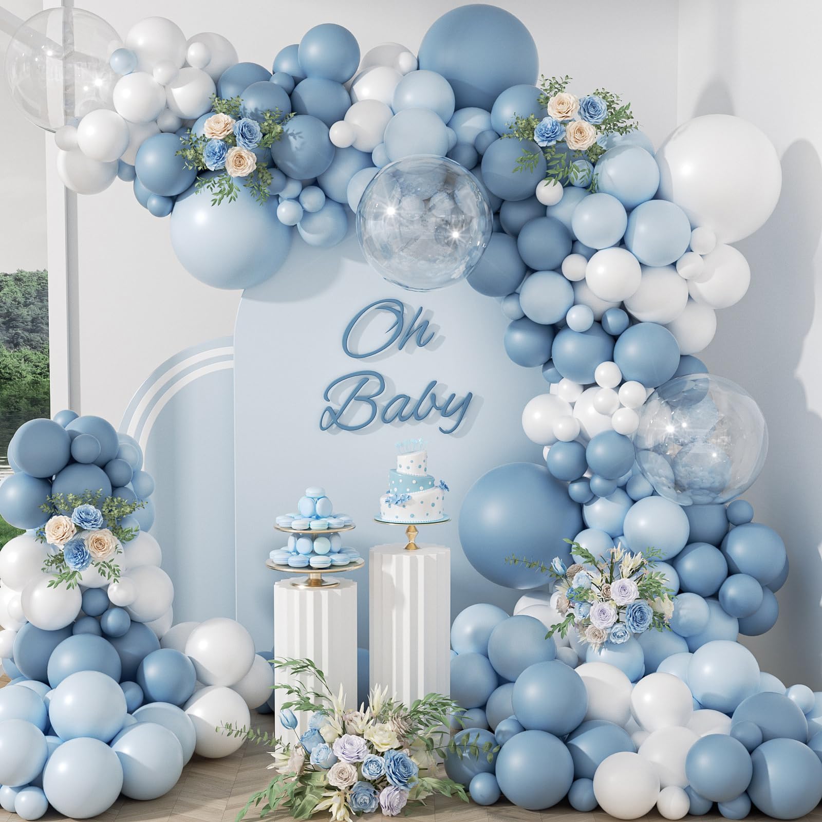 Photo 1 of 119pcs Dusty Blue Balloon Arch Garland Kit, Blue and White Balloon Arch Kit with Dusty Pastel Blue White Clear Balloons for Bridal Shower Gender Reveal Birthday Baby Shower Party Decorations