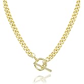 Staligue Chunky Gold Necklace for Women Men 18K Gold Plated Layering Chain Necklaces Dainty Paperclip Cuban Link Toggle Necklace Statement T-bar Clasp Choker Necklace Jewelry