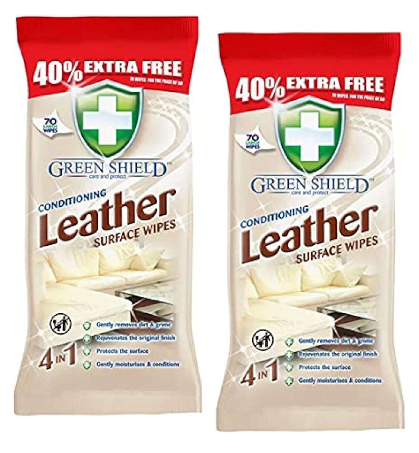 2 XGreen Shield Conditioning Leather Surface Wipes 70 Pack - Extra Large Wipes