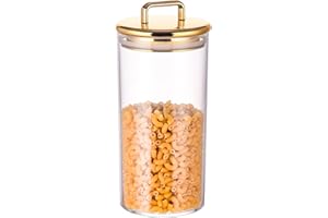 YUEJUM 32 oz Large Acrylic Storage Apothecary Jar with Gold Airtight Lid | Bathroom Vanity Organizer Containers | Perfect Decorative Canisters for Shells, Bath Salt, Grains, Cotton Ball, Flossers