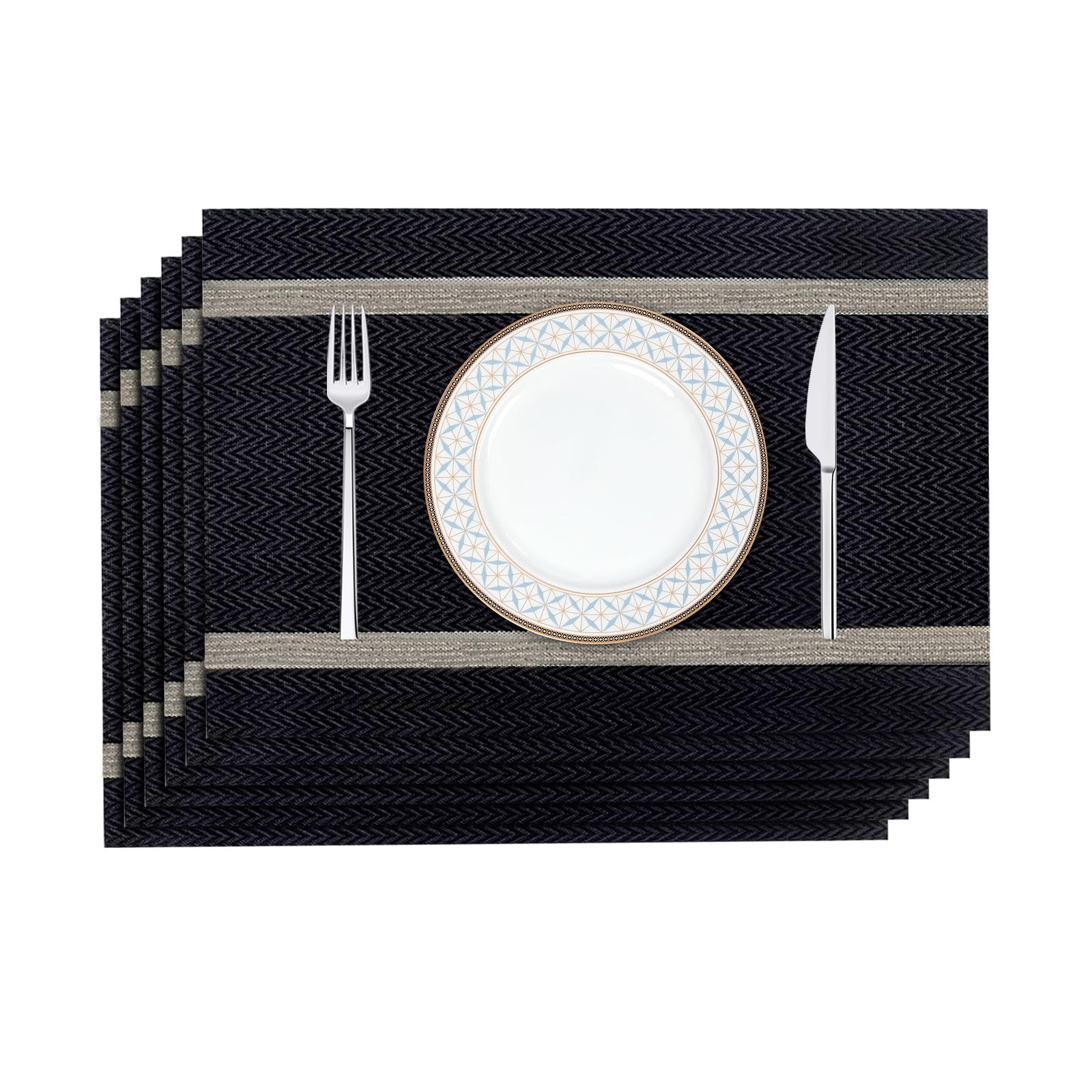 fanquare Black Table Mats Set of 6 Handmade PVC Woven Placemats Rectangular Table Mats Heat Resistant Washable Non-Slip Tablemats for Dining Kitchen Table Decoration 45 * 30cm