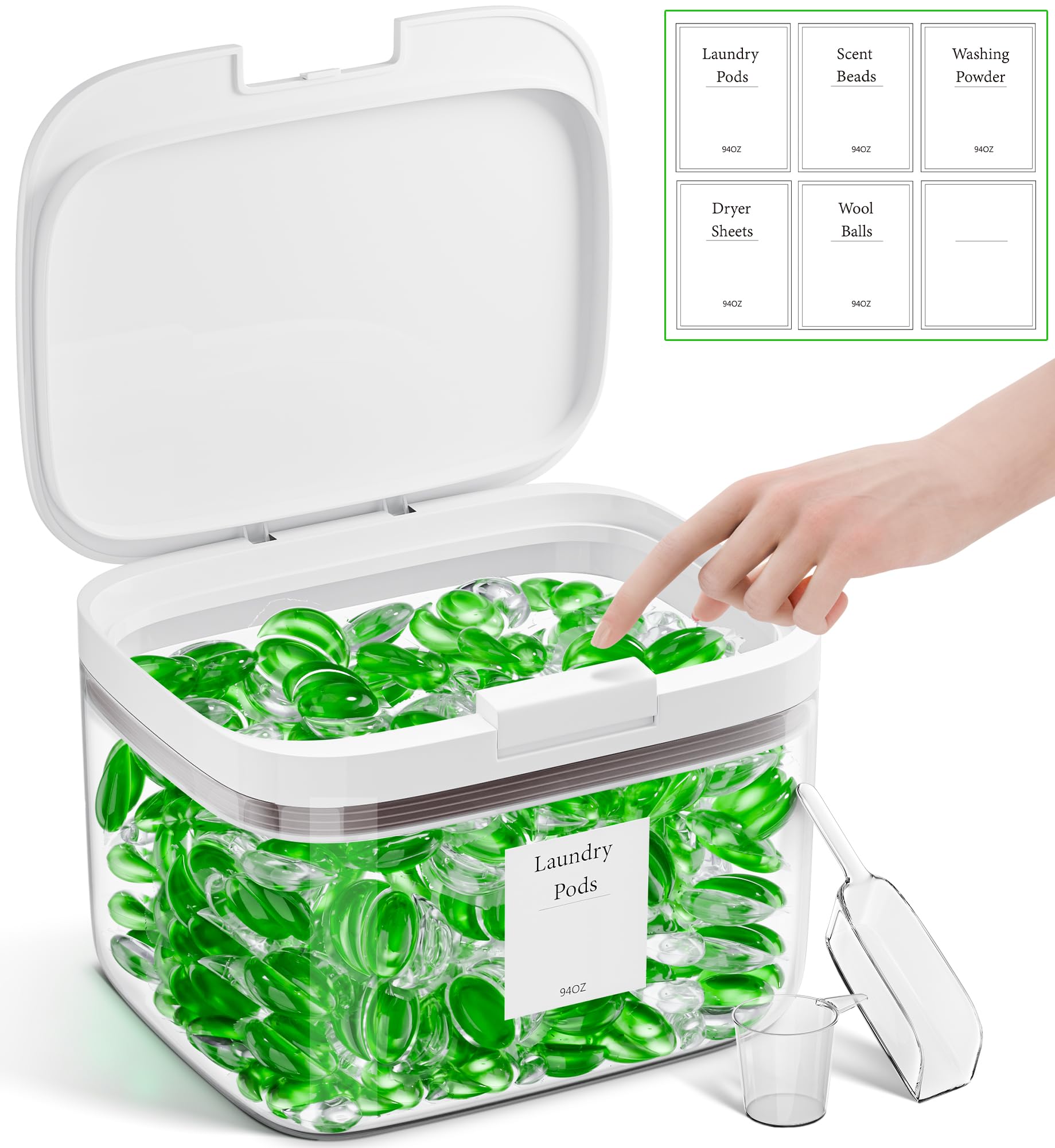 Photo 1 of Hordely 94OZ Laundry Pods Container, Clear Dishwasher Pod Container Holder Storage Dispenser, Laundry Room Organization for Dryer Sheet/Powder with Scoop and Labels, Plastic