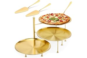 Teenyyou 7 Pcs Pizza Pan Riser Stands Sets Includes 1 Pcs Tiered Tray Stand 3 Stainless Steel Pizza Pan and 3 Wood Handle Knife for Home, Restaurant Party (Elegant Style,Gold)