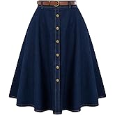 Belle Poque Women's Denim Skirts Vintage Below Knee Length High Waist A-Line Jean Skirts with Pockets