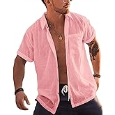 Bbalizko Mens Short Sleeve Button Up Shirts Linen Cotton Beach Tops Spread Collar Plain Summer T Shirt with Pocket