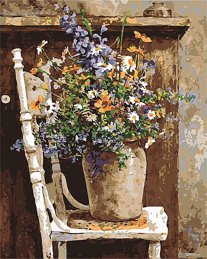 YEESAM ART Paint by Numbers for Adults Children, Wild Flowers on Chair 16x20 Inch Linen Canvas Acrylic DIY Number Painting Kits Wall Art Decor Gifts (Without Frame)