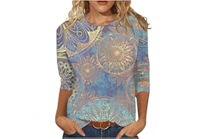 JXKIKOZE Shirts for Women Summer 3/4 Length Sleeve Crewneck Tops Loose Casual Sunflower Printed Three Quarter Cute Blouses