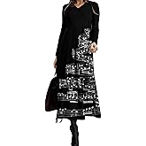 Akivide Womens Boho Printed Long Sleeve Maxi Dress Winter Fall Flowy Swing Loose Casual Long Dresses