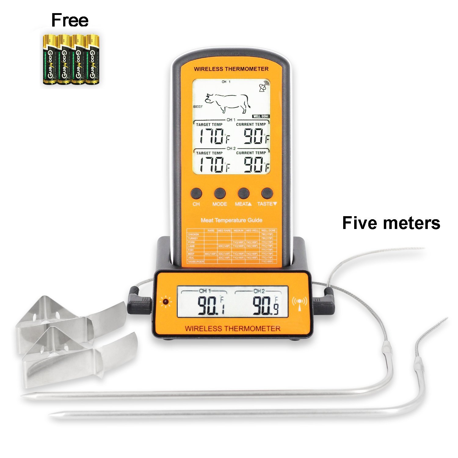 TOROAST Barbecue Backofen Grillthermometer, BBQ Bratenthermometer, Fleisch Küche Thermometer mit Temperaturalarm, Dual Edelstahl Fühler, °C und °F einstellbar, Batterien enthalten