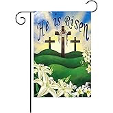 Heyfibro He Is Risen Garden Flag Easter Jesus Cross Religious Lilies Garden Flags 12 x 18 Inch Double Sided Small Burlap Yard Christian Banners for Outside Spring Decoration (ONLY FLAG)