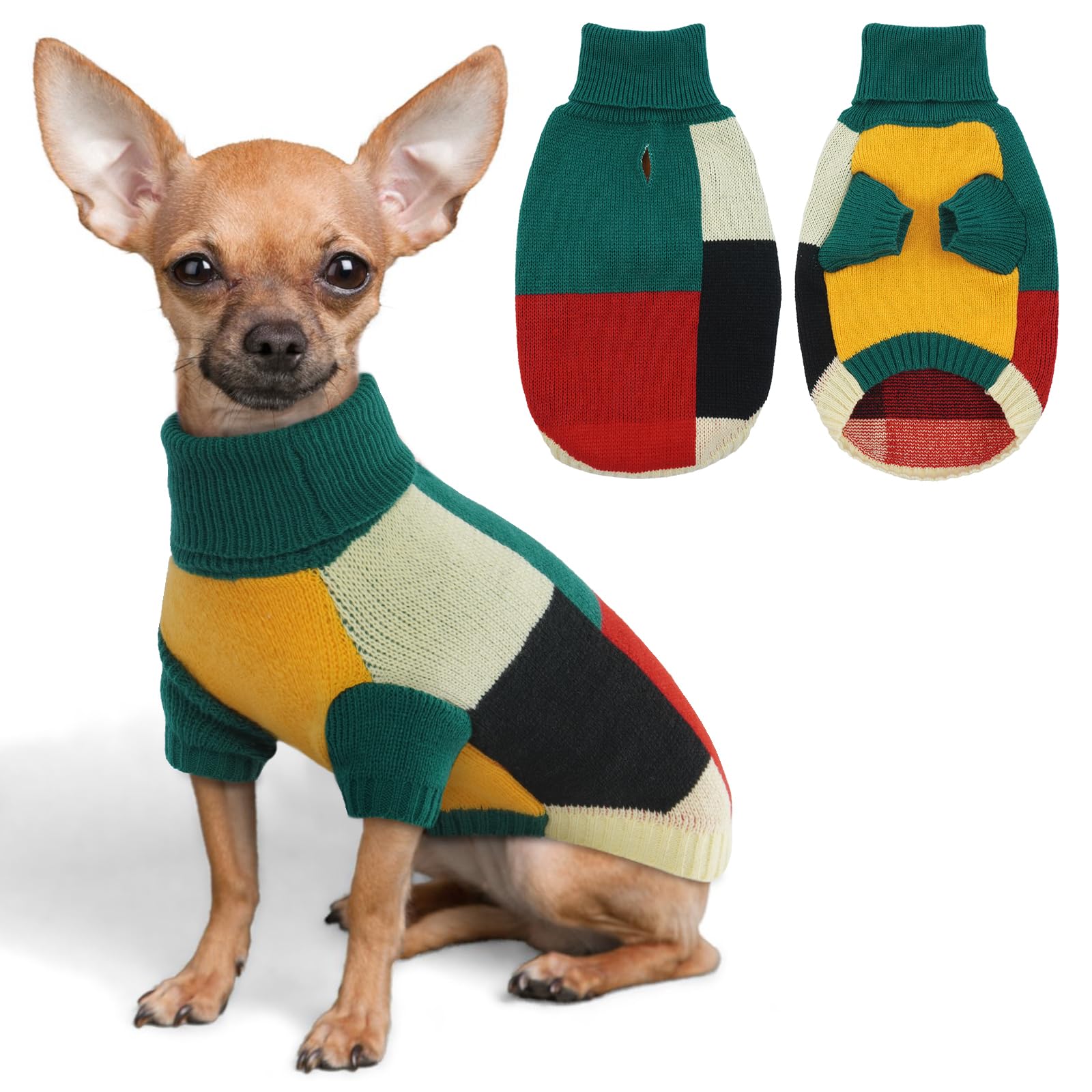 Hjumarayan Dog Jumper, Vintage Dog Jumper Small with Legs, Soft & Warm Sweater with Harness Hole, Colour Blocked Xmas Puppy Jumpers for Mini Dachshund, Toy Poodle, Green S