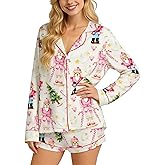 SOOKABEILA Women Silk Satin Christmas Pajamas Set Lace Trim Long Sleeve Button Shirt Wide Leg Shorts Y2k Cute 2 Pcs Set