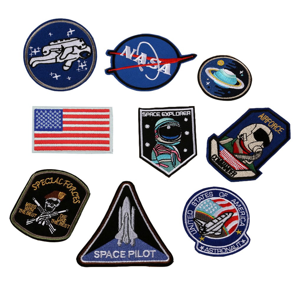 HUIXUN Space Astronaut and Flag Patches Embroidered Iron on Patches for Clothing DIY Clothes Stickers Custom Badges 1 Set