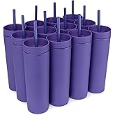 STRATA CUPS Purple Skinny Tumblers with Lids and Straws (12 pack) - 16oz Double Wall Acrylic Tumbler, Tall Matte Skinny Tumblers, Bulk with Free Straw Cleaner, Reusable Cups